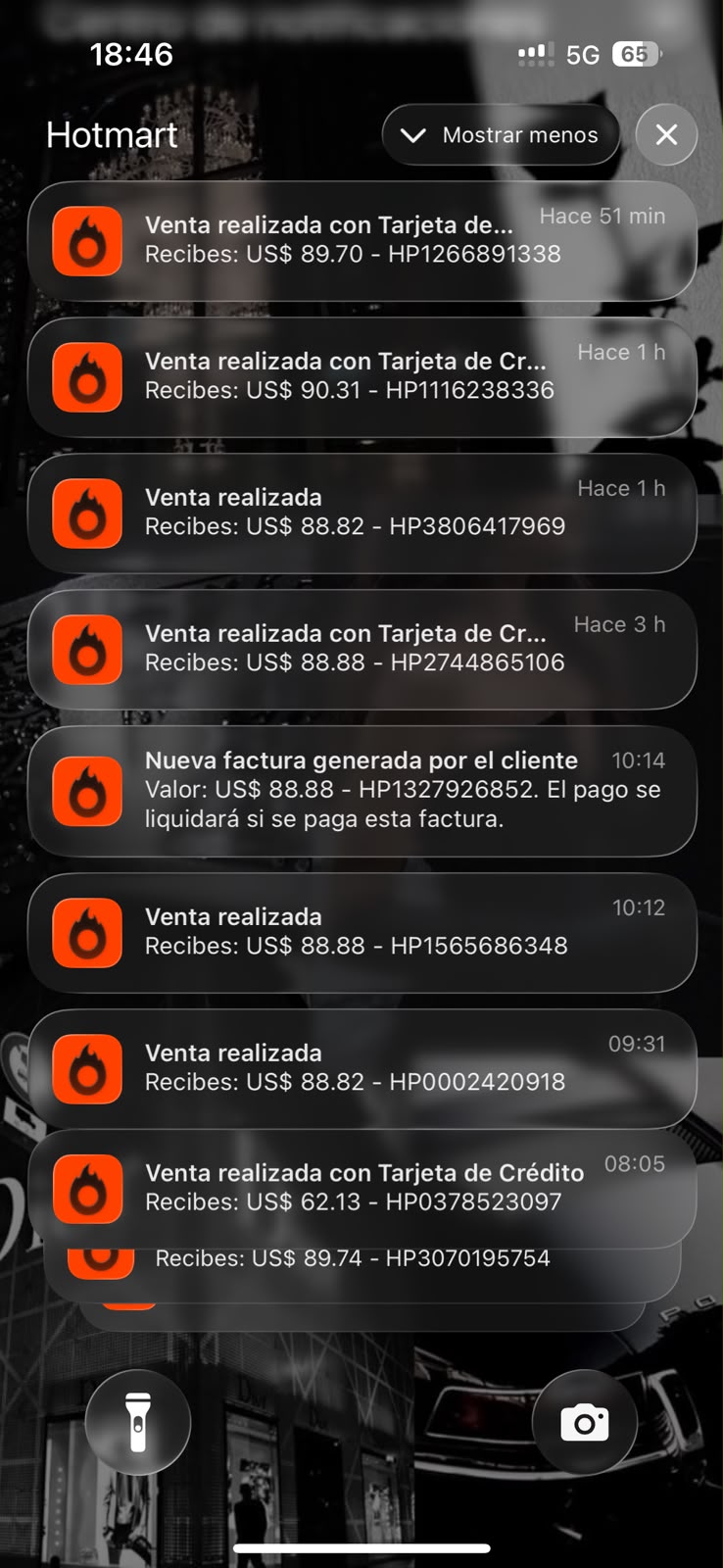 Pantalla de notificaciones de Hotmart con ventas realizadas, una tras otra